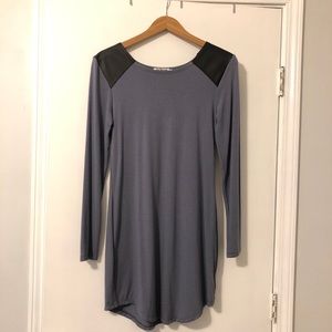 Stretch blue mini dress with vegan leather detail
